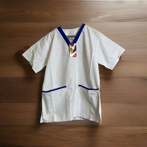 Spectrum Always Bright S/S V Neck Scrub Top XS White Blue Trim 2 Front Pockets - Picture 1 of 5